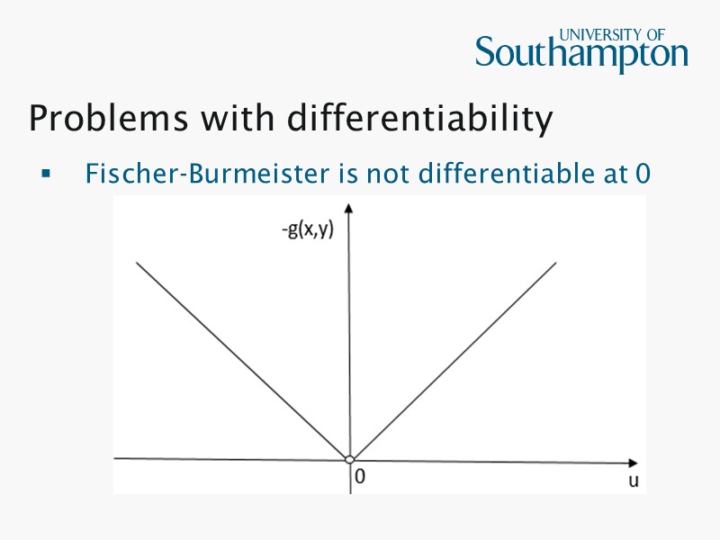 Problems with differentiability   Fischer-Burmeister is not differentiable at 0